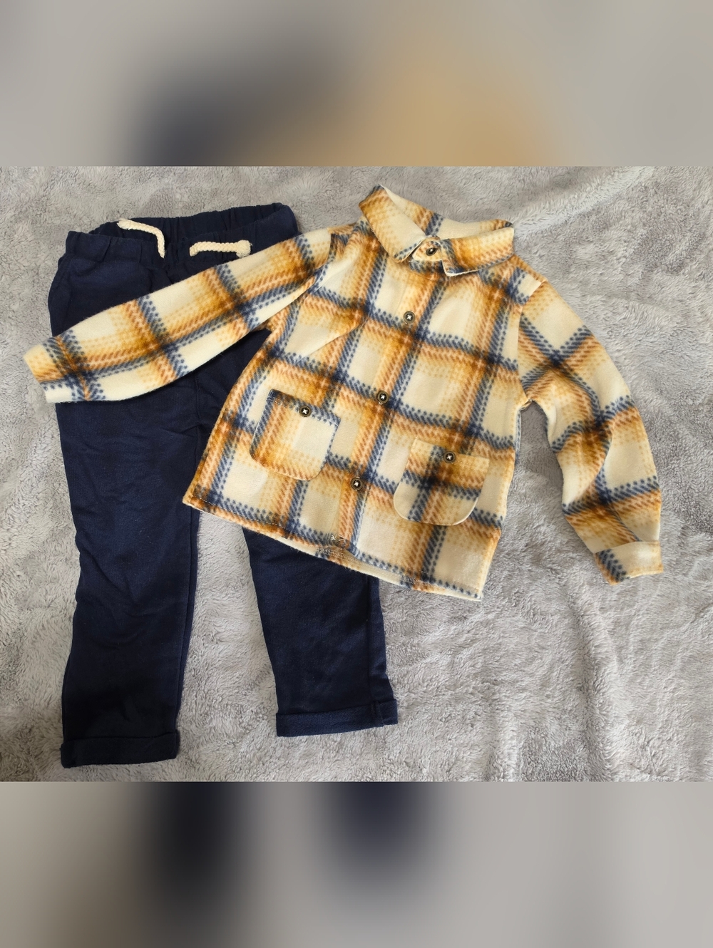 Bon Bebe Yellow & Navy Plaid Fleece Shirt with Navy Joggers
